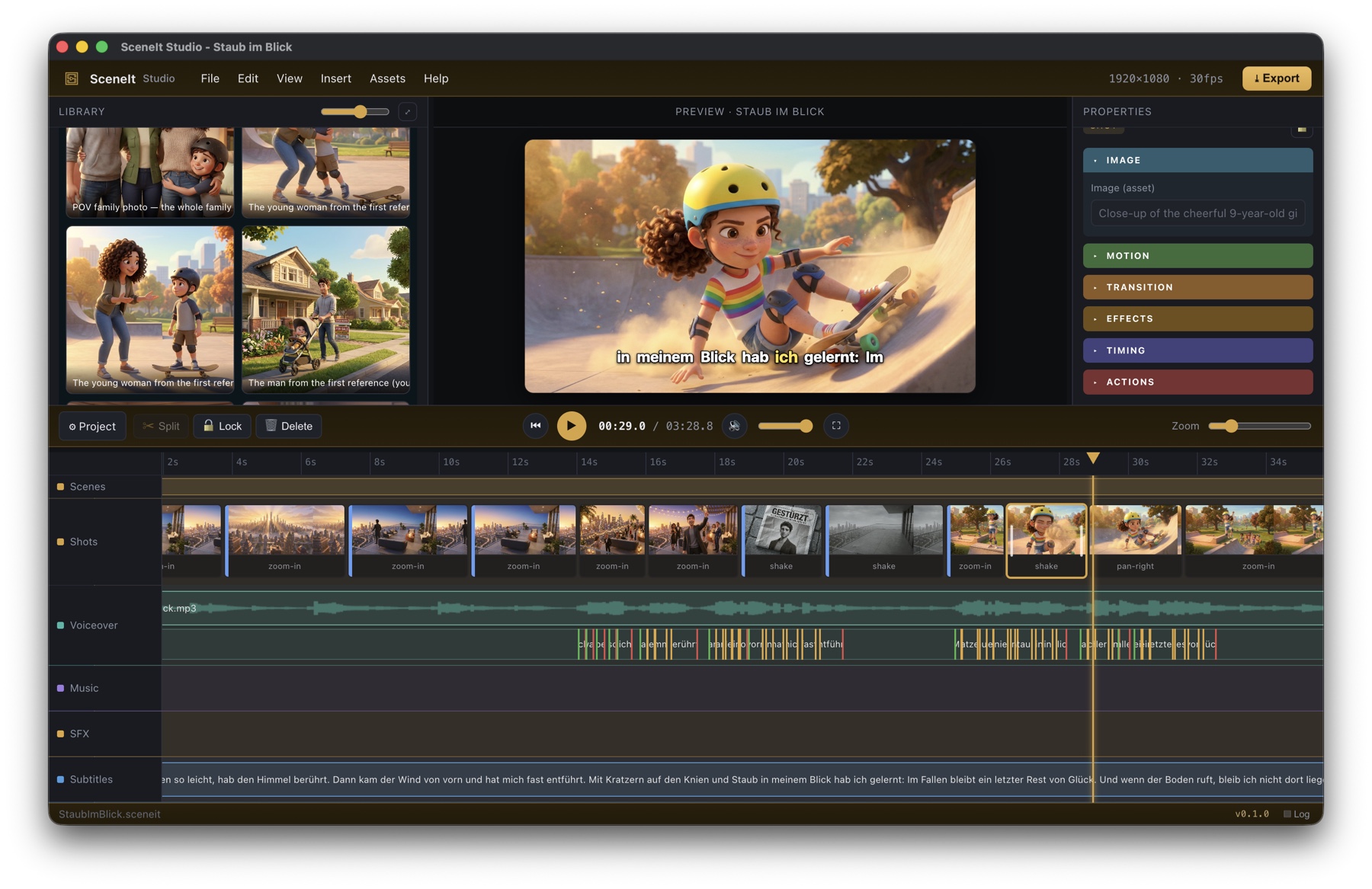 The SceneIt Studio editor — library, preview and a shot-based timeline