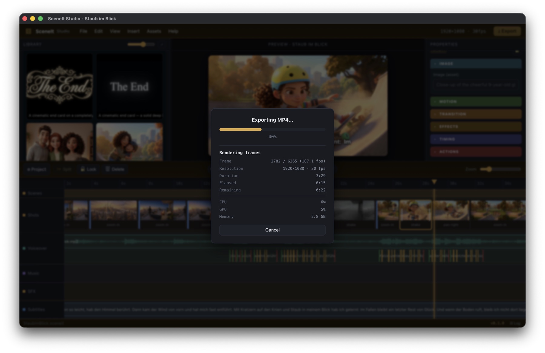 Export progress in SceneIt Studio